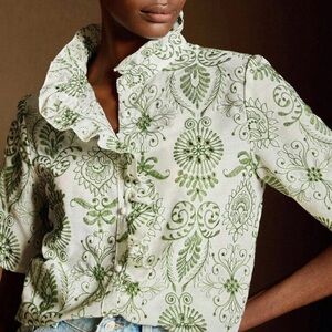 Embroidered Floral Green Ruffle Collar Blouse